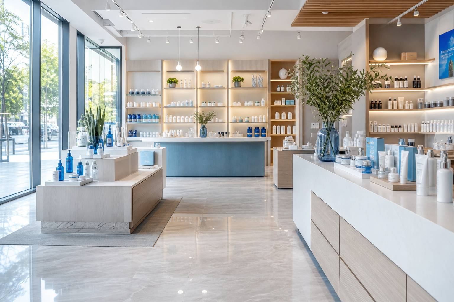 Boutique commerciale lumineuse, vitrines impeccables nettoyées par A.J.S.