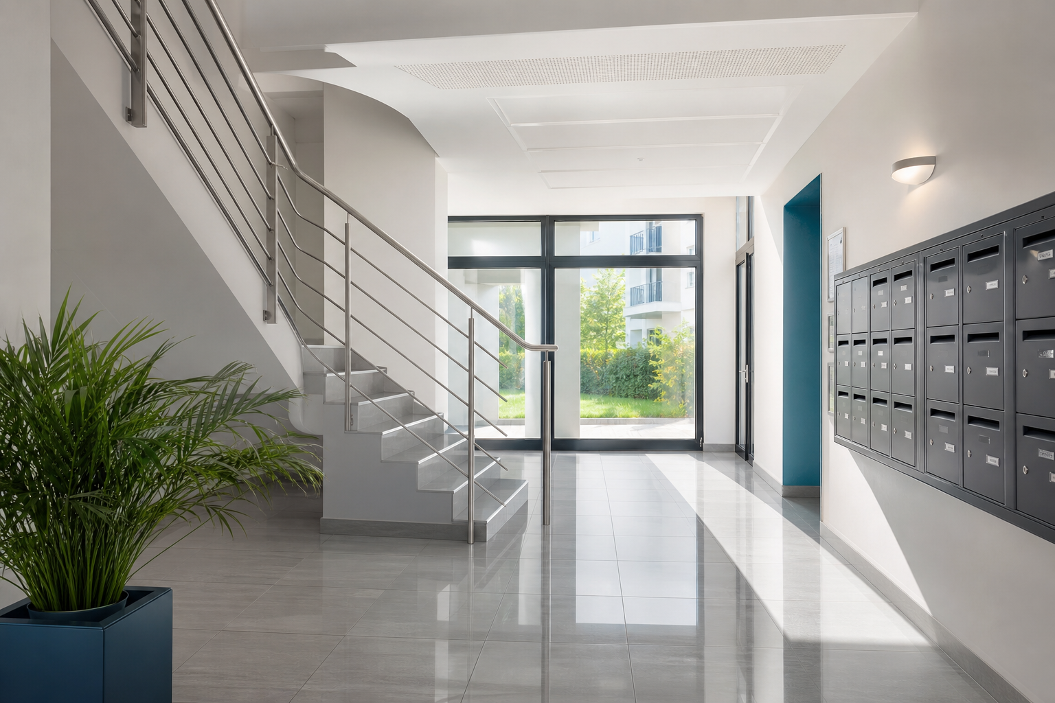 Hall de copropriété propre et lumineux entretenu par A.J.S. Nettoyages au Havre